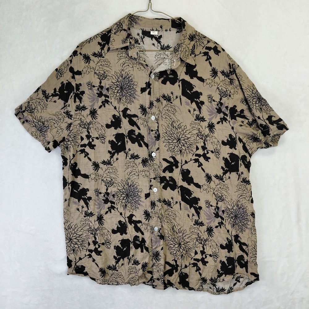 Unbranded Men XL Tan Black Floral Botanical Short Sleeve Button Down Shirt